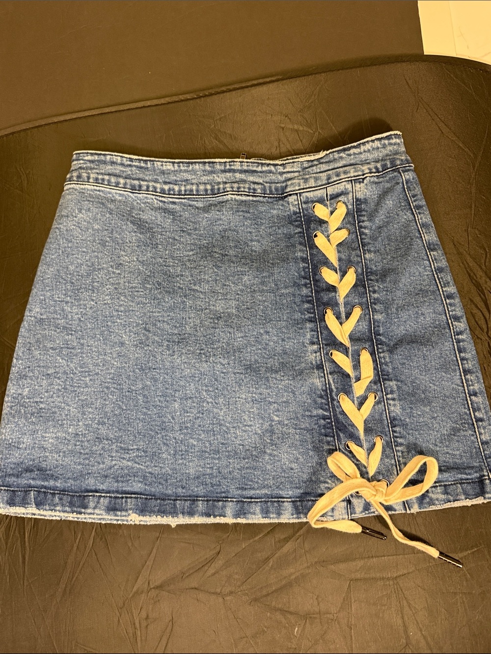 Listicle Blue Denim Mini Skirt with Beige Lace-Up size s Y2K
